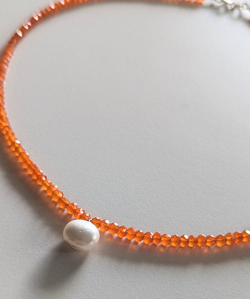 Orange Carnelian Faceted Gemstone, Freshwater Pearl & Sterling Silver Necklace