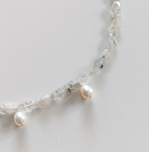  Tourmalinated Quartz Gemstone & Freshwater Pearl Sterling Silver Necklace
