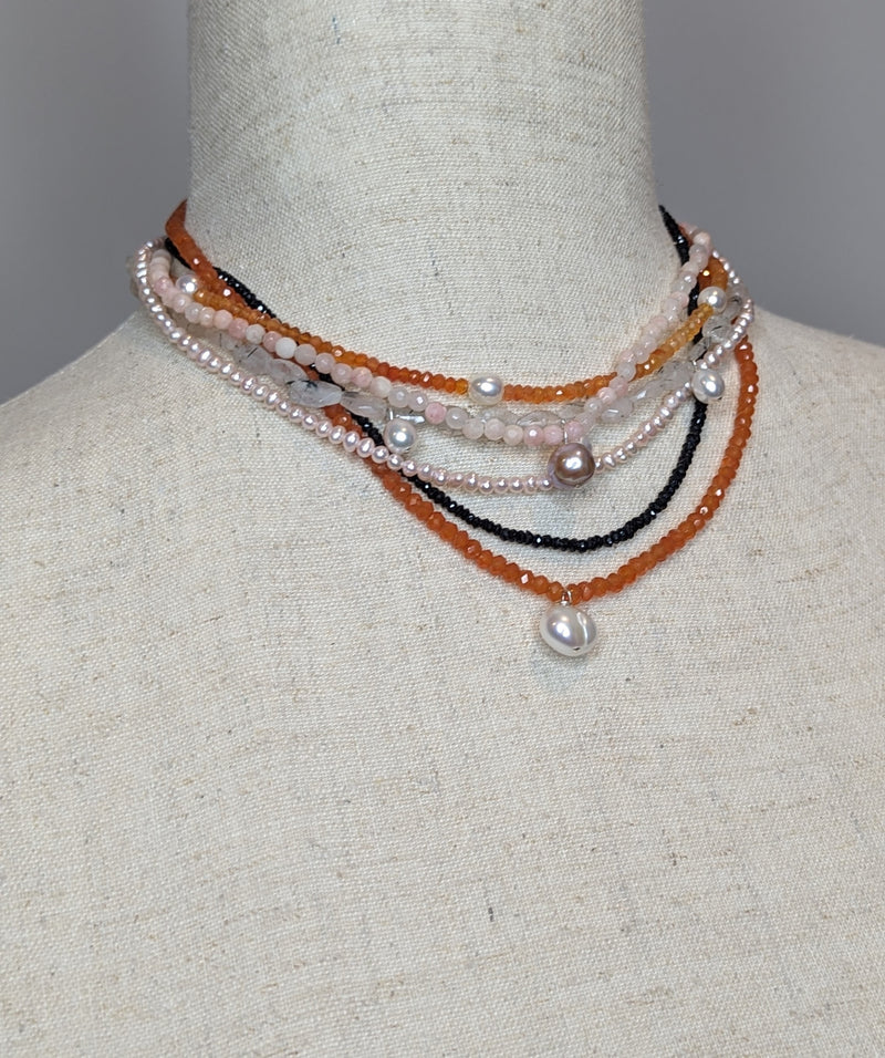Pink Jade & freshwater pear Beaded Gemstone Sterling Silver Pendant Necklace