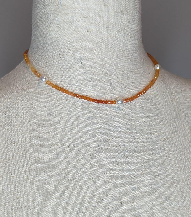 Ombre Orange Carnelian Freshwater Pearl, Sterling Silver Beaded Necklace