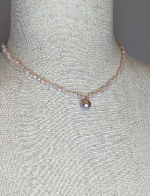 Pink Jade & freshwater pear Beaded Gemstone Sterling Silver Pendant Necklace