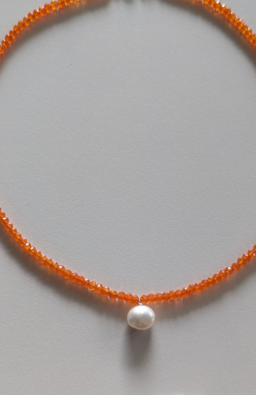 Orange Carnelian Faceted Gemstone, Freshwater Pearl & Sterling Silver Necklace