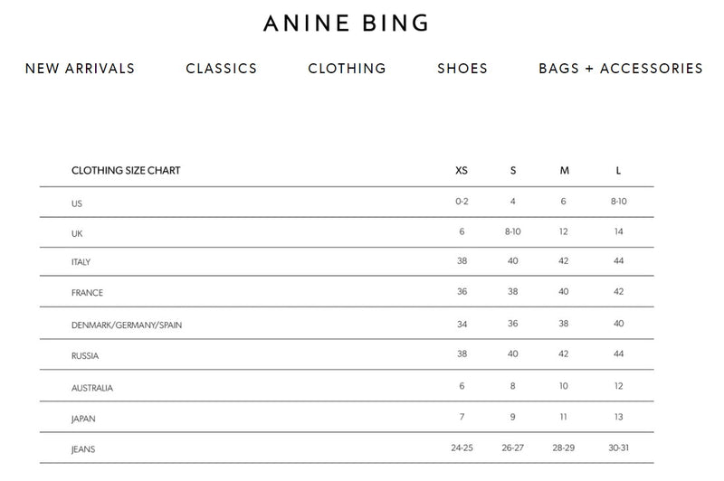 Annie Bing Size chart Re_Find Preloved
