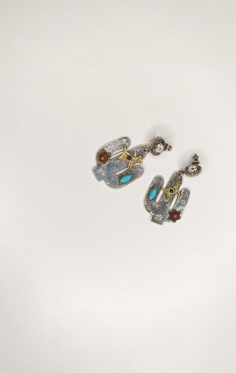St Tropez Vintage Handmade Silver/ Gold & Gemstone Cactus Earrings