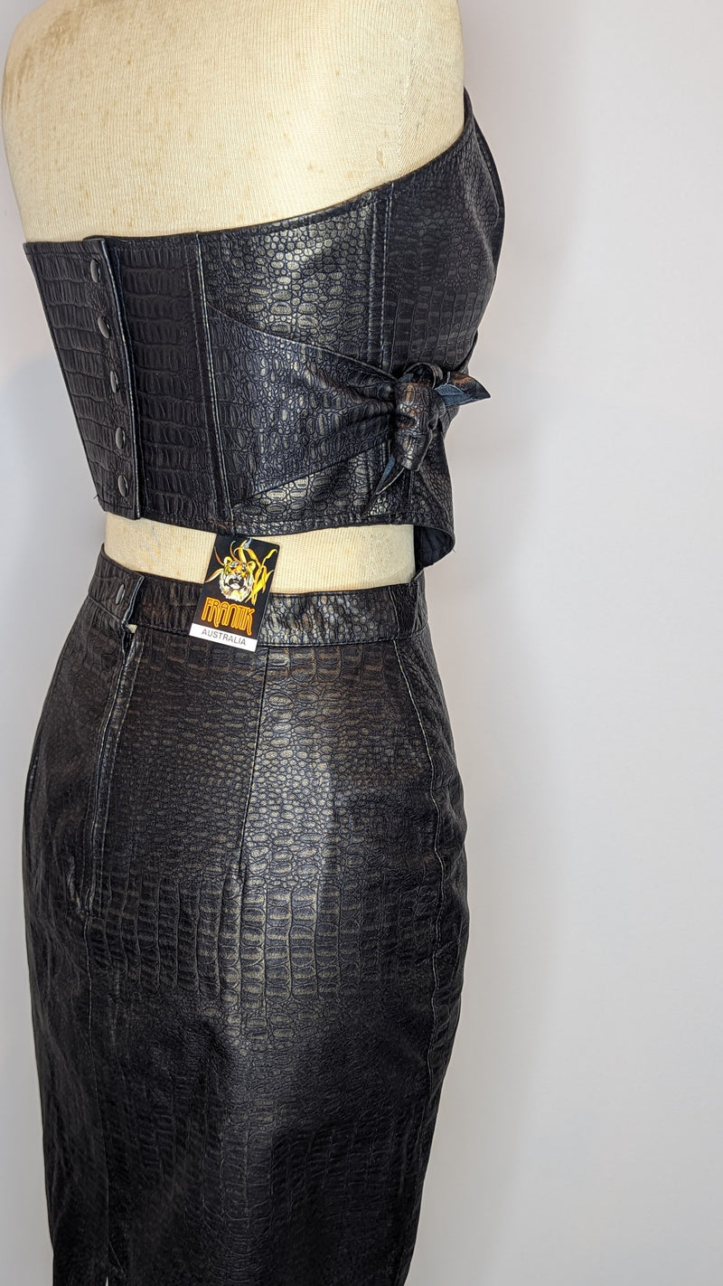 Frantik Australia Black Gold Print Vintage Leather Top Skirt Set