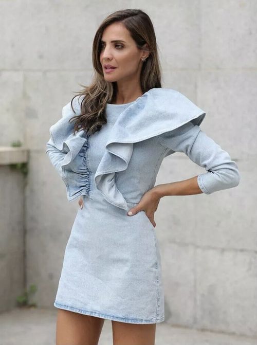 Zara Ruffle Frill Denim Mini Dress