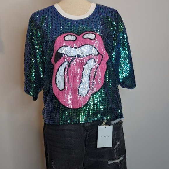 Adyn Rock Customs Sequin Rolling Stones Tongue & Lips Logo Tshirt