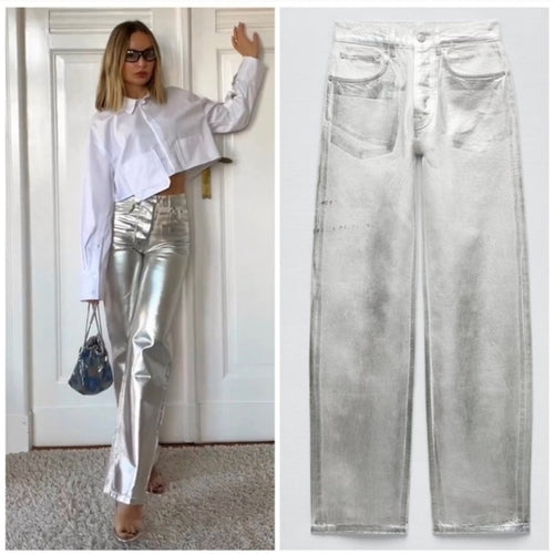 Zara Silver Coated Wide Leg Jeans