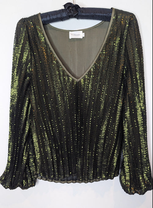 Flannel Sequin Pleated Long Sleeve Top Olive Green