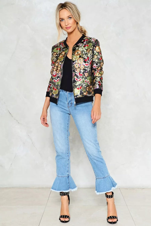 MissKoo Paris Embroidered Floral Metallic Bomber Jacket