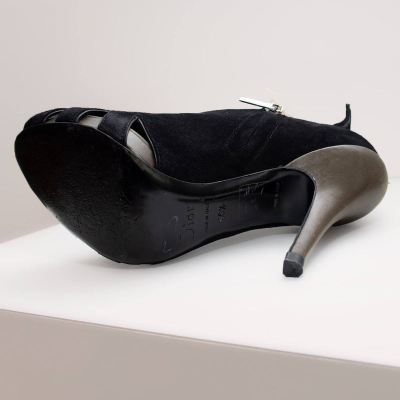 Christian Dior black suede peep toe heels