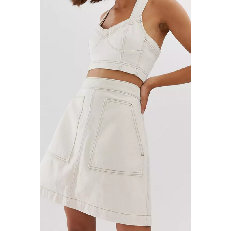 Weekday A-line Denim Skirt with Contrast Stitching - Ecru/Cream