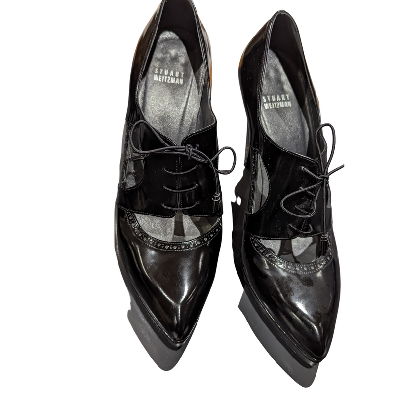Stuart Weitzman Cutout Oxford Black Leather Pump Plaform Heels