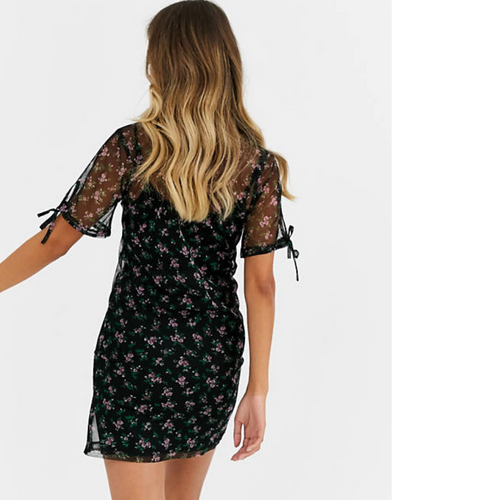 Wednesday's Girl mini dress with tie sleeves in sheer floral mesh