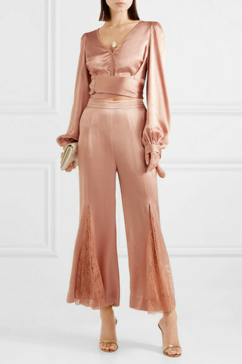 Alice McCall Pink Satin & Lace Flare Bell Bottom Cropped Pants
