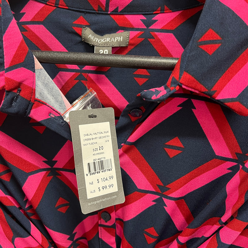 Autograph Navy & Pink Geometric Shirt Dress sz 20Autograph Navy Pink & Red Geometric Wrap Shirt Dress