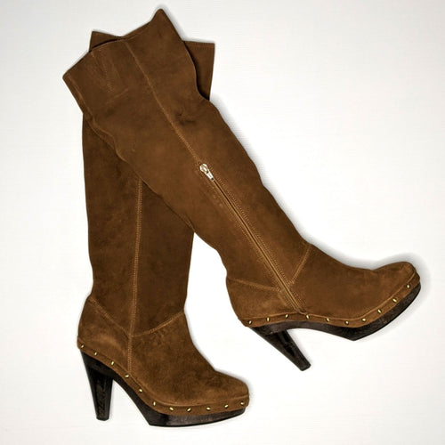 Suede Boho-Chic Studded Boots Brown Tan Heel