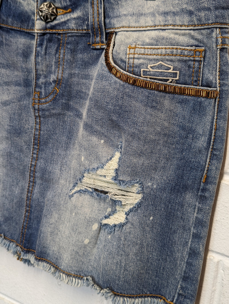 Light Blue Beaded Denim Frayed Jean Skirt, by Harley-Davidson