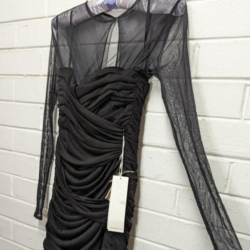 Camilla & Marc Black Sheer Sleeve Ruched Bodycon Mini Dress