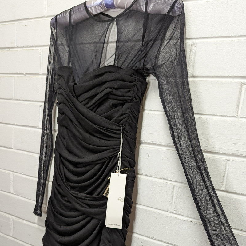 Camilla & Marc Black Sheer Sleeve Ruched Bodycon Mini Dress