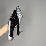 Silver Holographic Puffer Mule Kitten Heel, by March Muse