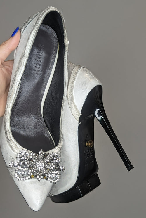Matichevski Designer Distressed Leather & Diamante Stiletto Platform Heels
