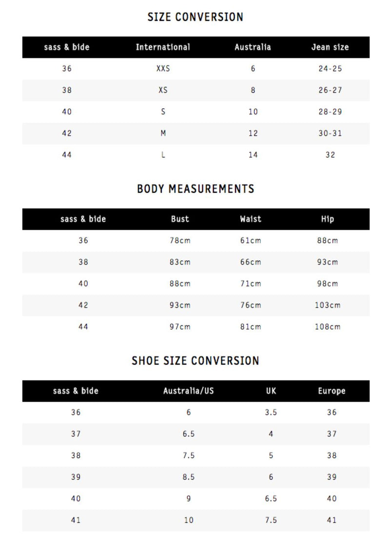 Sass and Bide Size chart Refind 