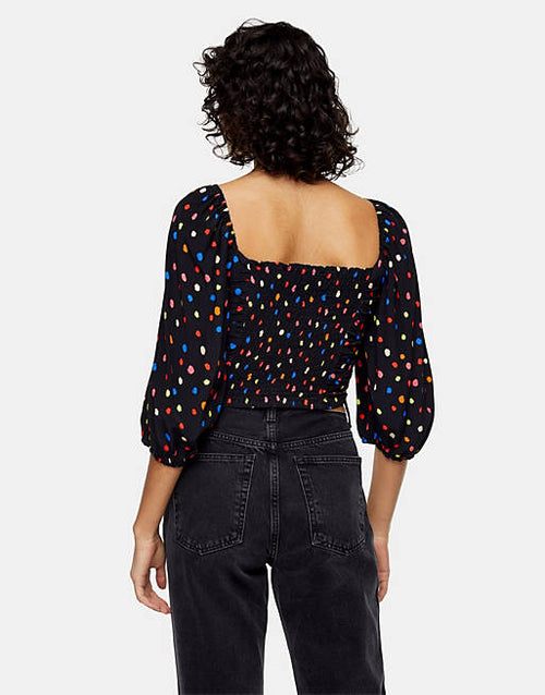 Topshop Tall Ruched Crop Top in Multi Polka Dot