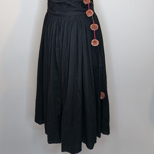 Flannel Designer Black Maxi Skirt Embroidered Pompoms